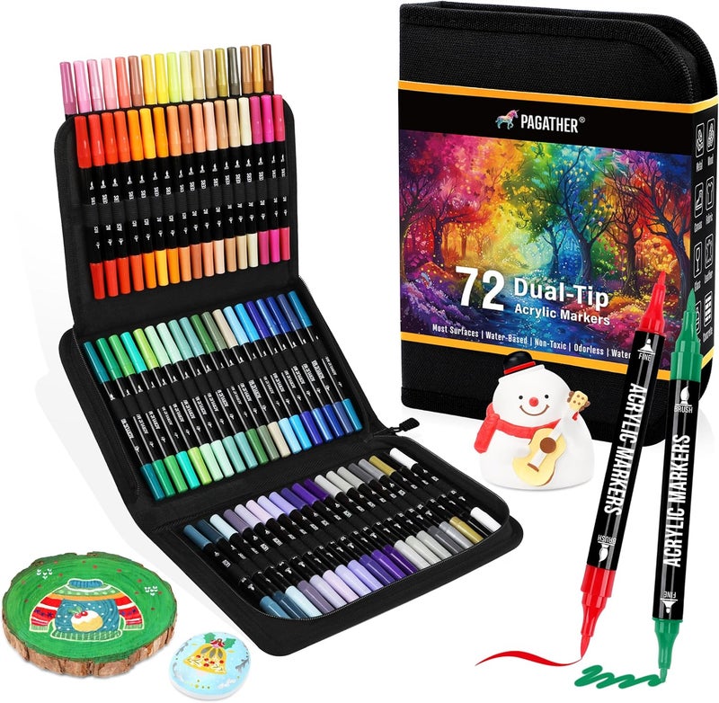Pagather 72 Colors Acrylic Paint Markers, Dual Tip with Fine Tip and Brush Tip Pens for Stone, Wood, Calligraphy, Canvas, Ceramic, Metal, Glass, Rock Painting, DIY Crafts Art Supplies Kit - Image 1